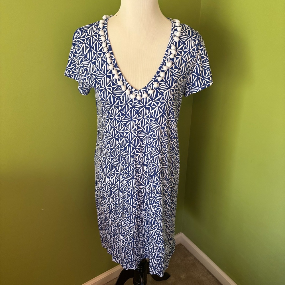 Lilly Pulitzer Blue and White V-neck Etta Dress with Pom-poms